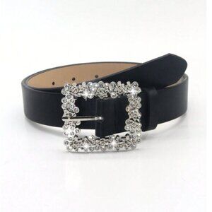 Vegan Leather Rhinestone Decor Metal Square Buckle Belt